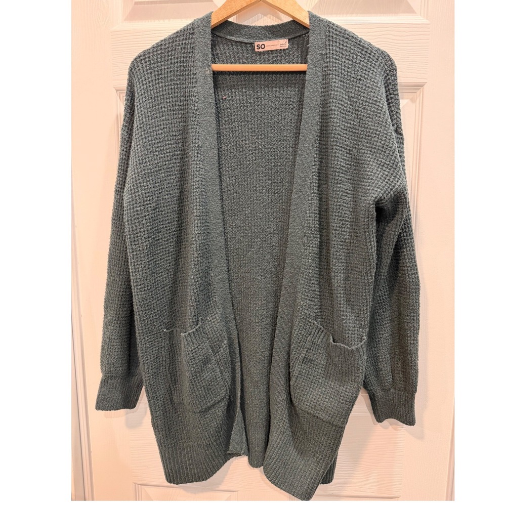 SO Womens Waffle Knit Open Front Cardigan Green Size M Pockets Cozy Fall Relaxed